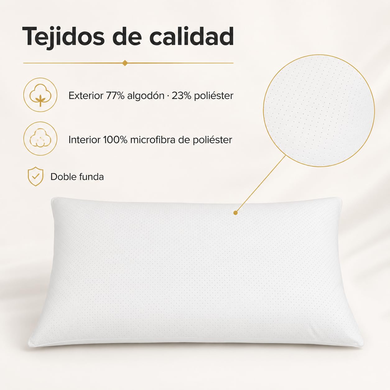 Moshy Almohada Brillantina, Fibra Helicoitex, Firmeza Media Blanda, Doble Funda, Algodón y Poliéster (135 cm)