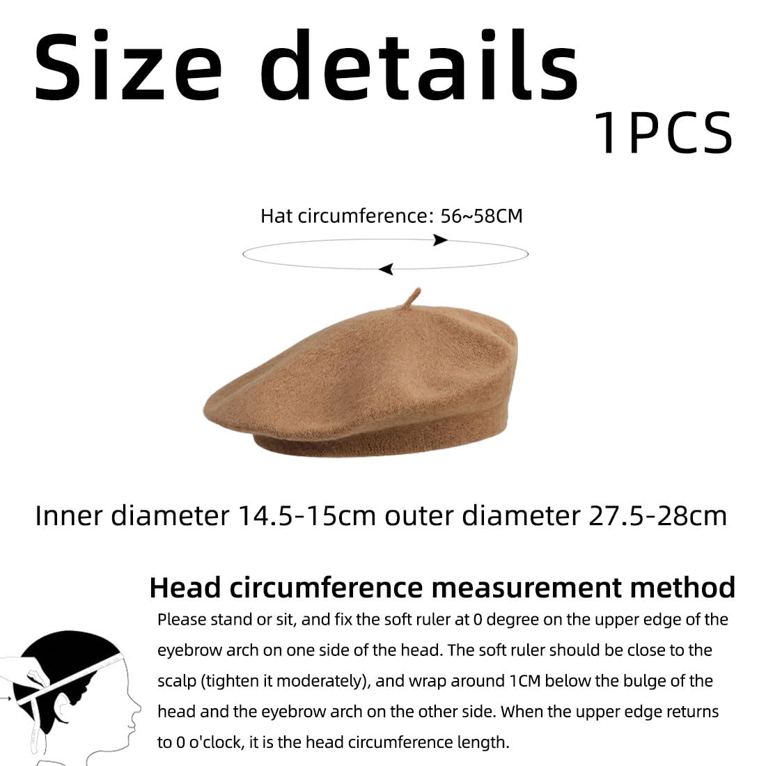 PSOWQ Französischer Beret Damen - Baskenmütze In Weiß 58cm