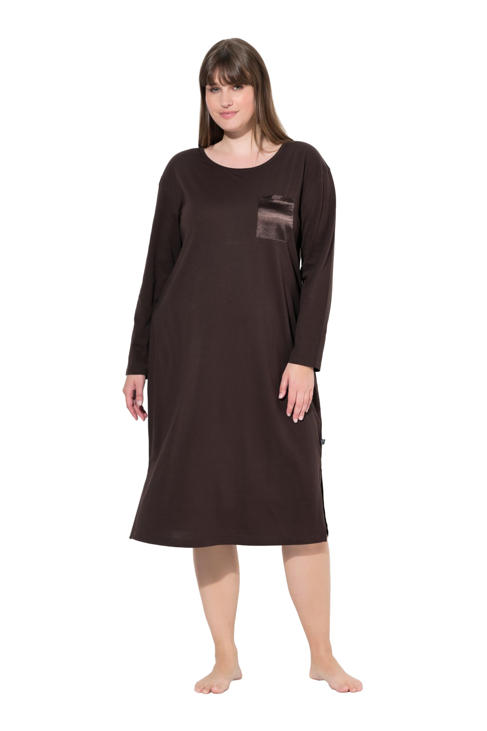 Ulla Popken Damen große Größen Übergrößen Plus Size Nachthemd, Satin-Brusttasche, Rundhals, Langarm 821917