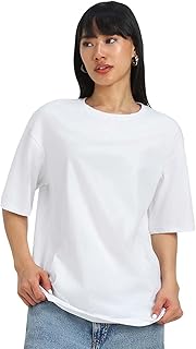 JUNEBERRY® Pure Cotton Oversized Baggy Fit Half Sleeve Drop Shoulder Plain Solid Round Neck T-Shirt for Women (Available i... Price In India