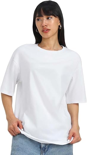 JUNEBERRY® Pure Cotton Oversized Baggy Fit Half Sleeve Drop Shoulder Plain Solid Round Neck T-Shirt for Women (Available i...