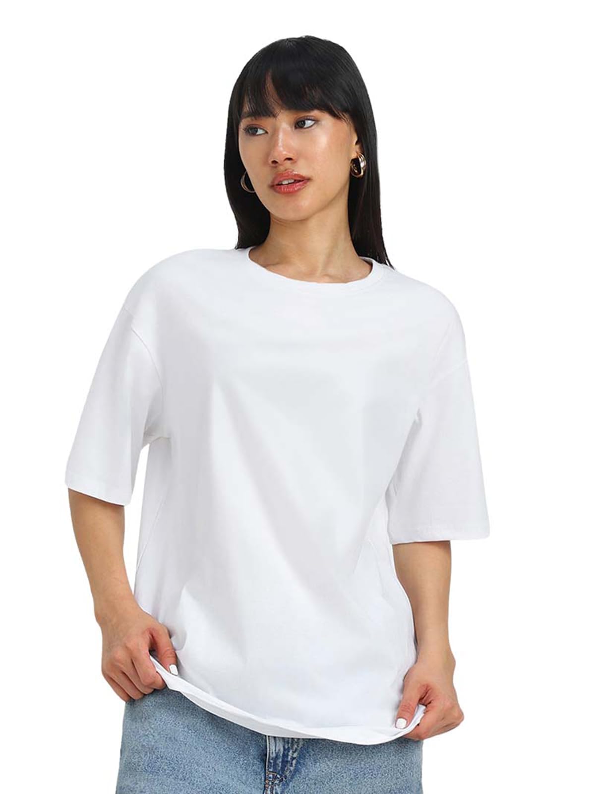 Pure Cotton Oversized Baggy Fit Half Sleeve Drop Shoulder Plain Solid Round Neck T-Shirt for Women (Available in Black, White, Lilac, Cork, Maroon, Royal Blue, Swan White, Soap Nut Colors)
