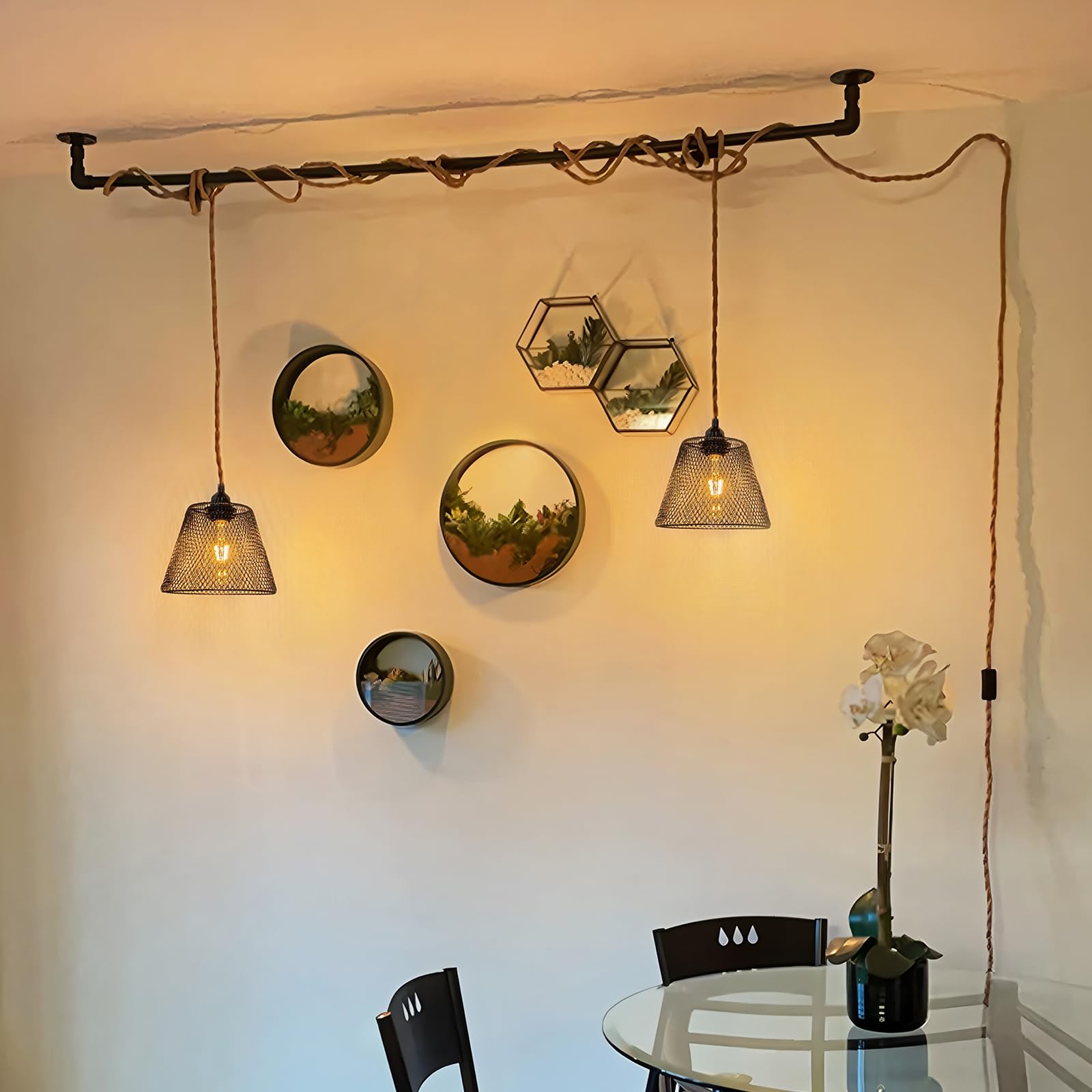 Hanfseil Pendelleuchte 2 Flammig, Lampenschirm Hängelampe mit Stecker