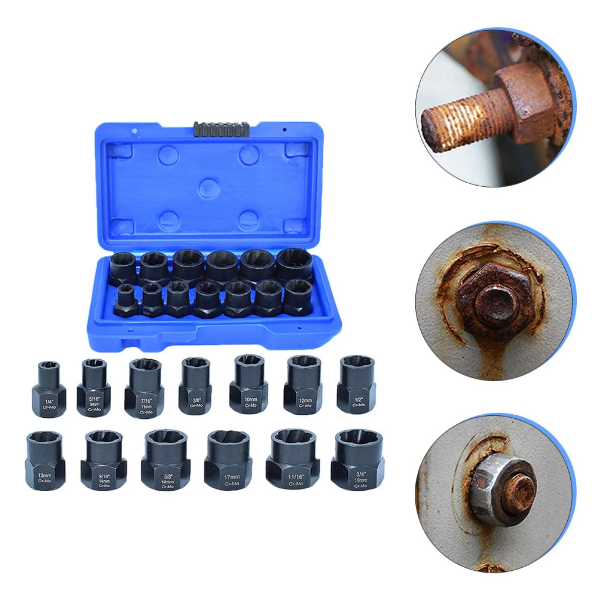 POPETPOP Juego de Extractores de Pernos y Tuercas, Acero Cromomolibdeno y Abs, Negro, Vaso Cuadrado 3/8 Pulgadas, para Tuercas de Rueda y Tornillos Dañados