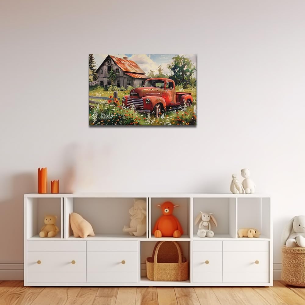 ZQQART Farmhouse Barn Canvas Wall Art Red Truck Picture Printing Old Car Decor Artwork Country Landscape Painting Framed Ready to Hang(Truck 3,16.00" x 24.00")