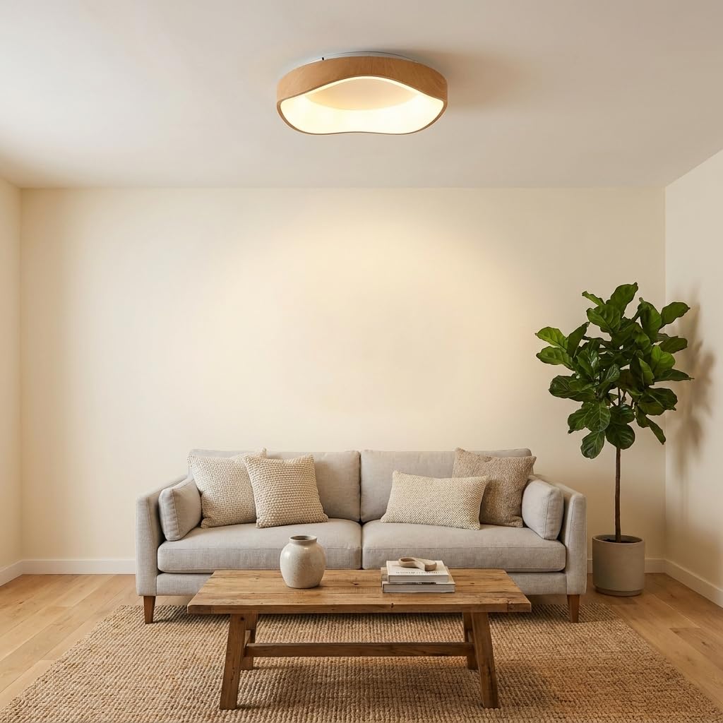 Alpinaluz Plafón LED de Techo Efecto Madera Ø40 cm – 36 W, Luz Seleccionable CCT 3000K/4000K/6000K – Diseño Ondulado Irregular de Acero Imitación Madera con Difusor Acrílico Opal para Salón