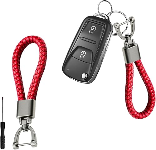 Augeny Llavero de cuero de microfibra trenzada para automóvil, cuerda tejida de metal con anillo en D giratorio de 360 grados y destornillador,