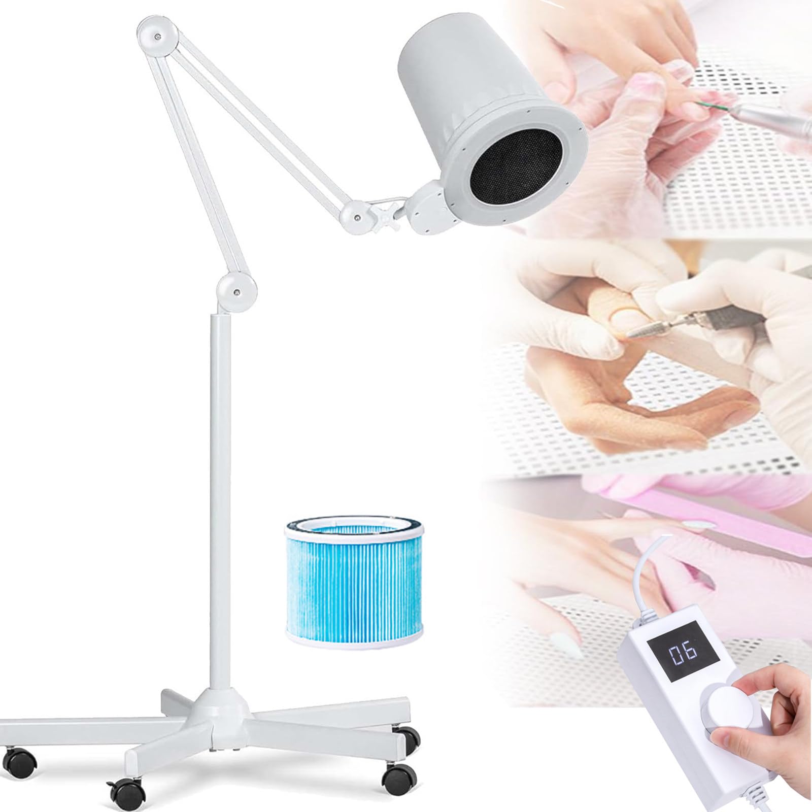 Aspirapolvere Professionale per Unghie, Potente Aspirapolvere per Unghie da 80 W, con Filtro Riutilizzabile, 10 velocità, Base Mobile + Luce LED Dimmerabile