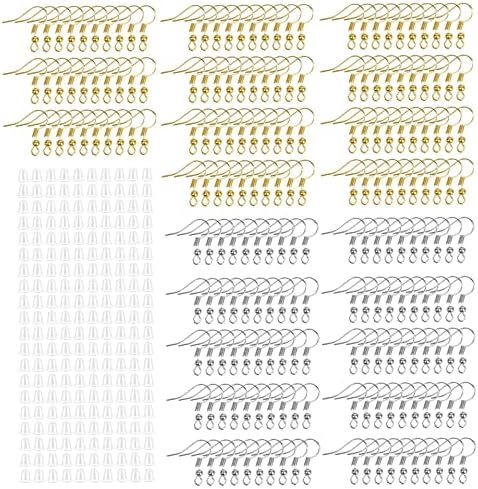 400 PCS Earrings Making Kit, 200 pcs Earring Hooks Hypoallergenic Ear Wire Hooks with 200 pcs Clear Silicone Earring Safety Backs for DIY Jewelry Making and Earring Making, Silver and Gold