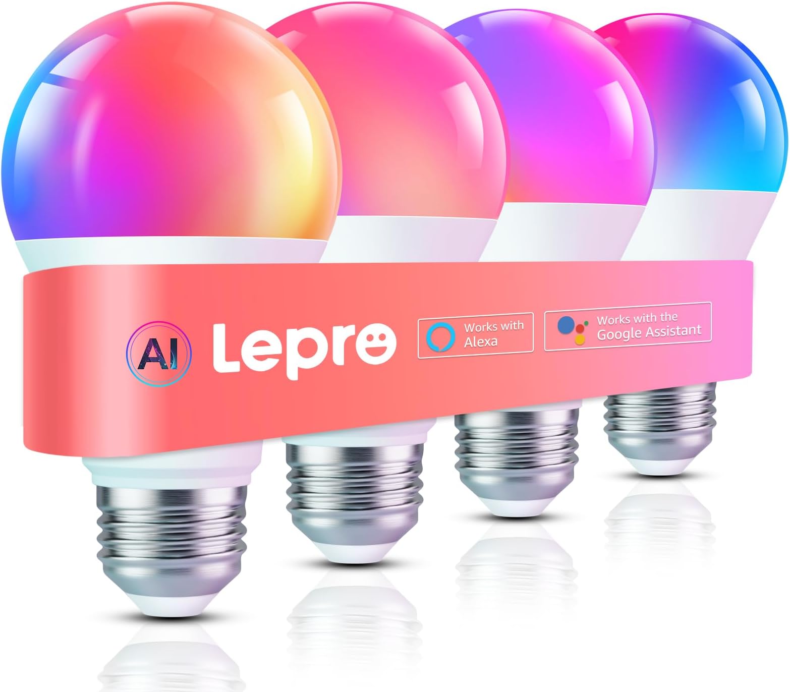 Lepro AI Smart Bulb E27, Music Sync WiFi Bulb, Voice Control Smart Screw Bulb, Colour Changing Light Bulbs, Work with Alexa & Google Assistant, Personalized AI Lighting Designer, 4 Packs