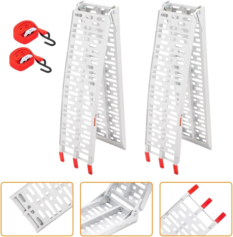TUFFIOM 7ft Aluminum Truck Ramps 1500lbs Capacity,2pcs Folding Loading ATV Ramps for Pickup Trucks Bed, Trailer Ramp with Load Straps for UTV/Motorcycle/Lawn Mower/Dirt Bike，Lightweight & Portable