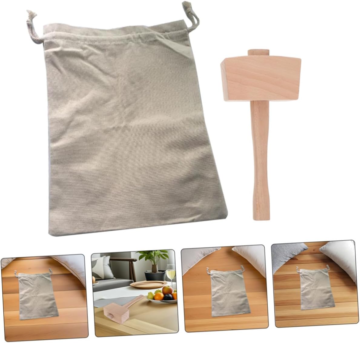 Reusable Canvas Ice Crusher Bag with 24cm Wooden Mallet, Portable Ice Bag and Wood Hammer Tool for Home Bars, Outdoor Parties, and Cocktail Preparation – 2 Pieces Set