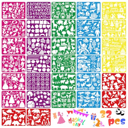 32 PCS Drawing Stencils Set for Kids Reusable Drawing Painting Stencil Templates for Kids Animals Unicorn Mermaid Dinosaur Princess Mixed Style Stencil for Art Projects Classroom Crafts Wall Decor