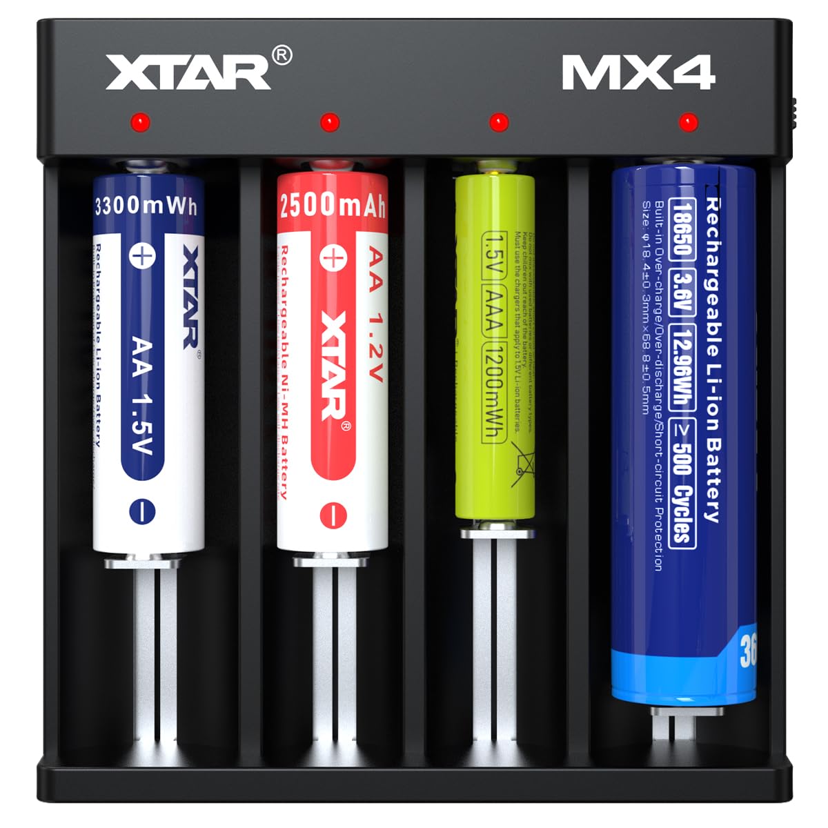 XTAR MX4 Intelligent Battery Charger, Upgraded 18650 4 Slot Charger for 1.5V & 3.6/3.7V Li-ion, 3.2V LiFePO4 & 1.2V Ni-MH Rechargeable Batteries