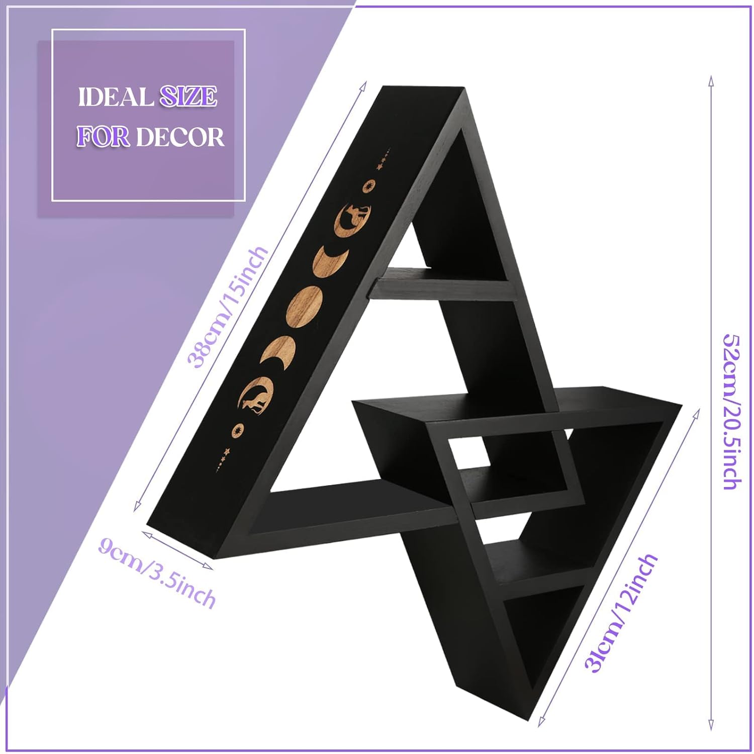 ANROYE Moon Phases Triangle Shelf with Hooks, Wiccan Black Wood Crystal Shelves for Storage Women Jewelry Gem Stone, Pagan Pyramid Geometrical Decor Holder Display for Altar Meditation