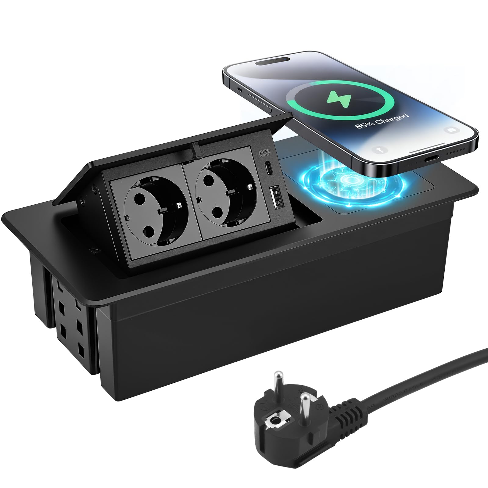 Enchufe retráctil con USB, regleta con cargador inalámbrico, apertura suave, aluminio moldeado, cable de conexión de 1,8 m, enchufe empotrable para cocina, escritorio, mesa de conferencias (negro)