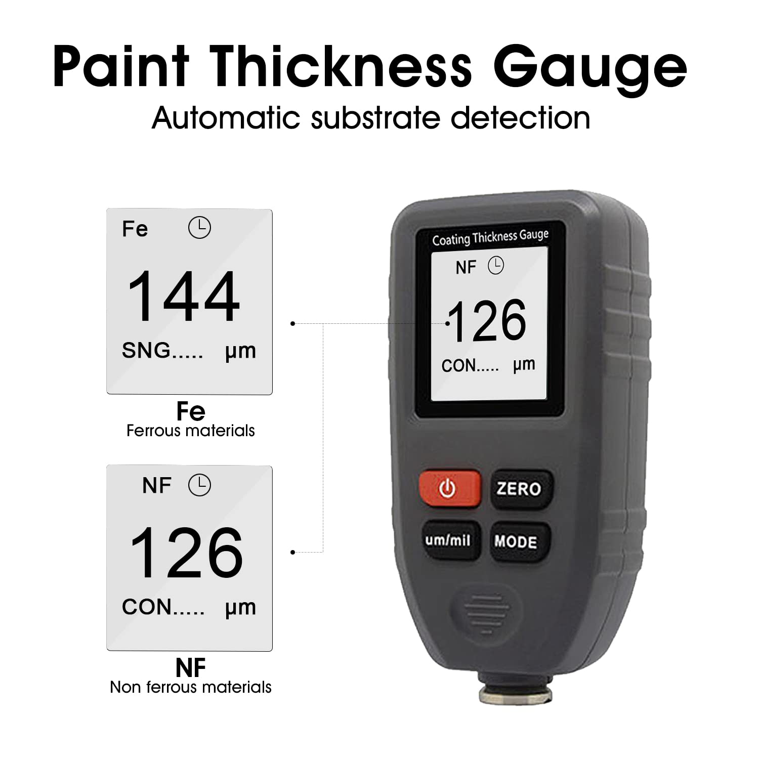 Medidor de Espesor de Pintura GR-1001 Medidor de Espesor de Pintura con Sensor para Auto Fe-NF Apagado Automático Rango de Medición 0-1300um Medidor Digital de Espesor de Pintura para Autos Usados