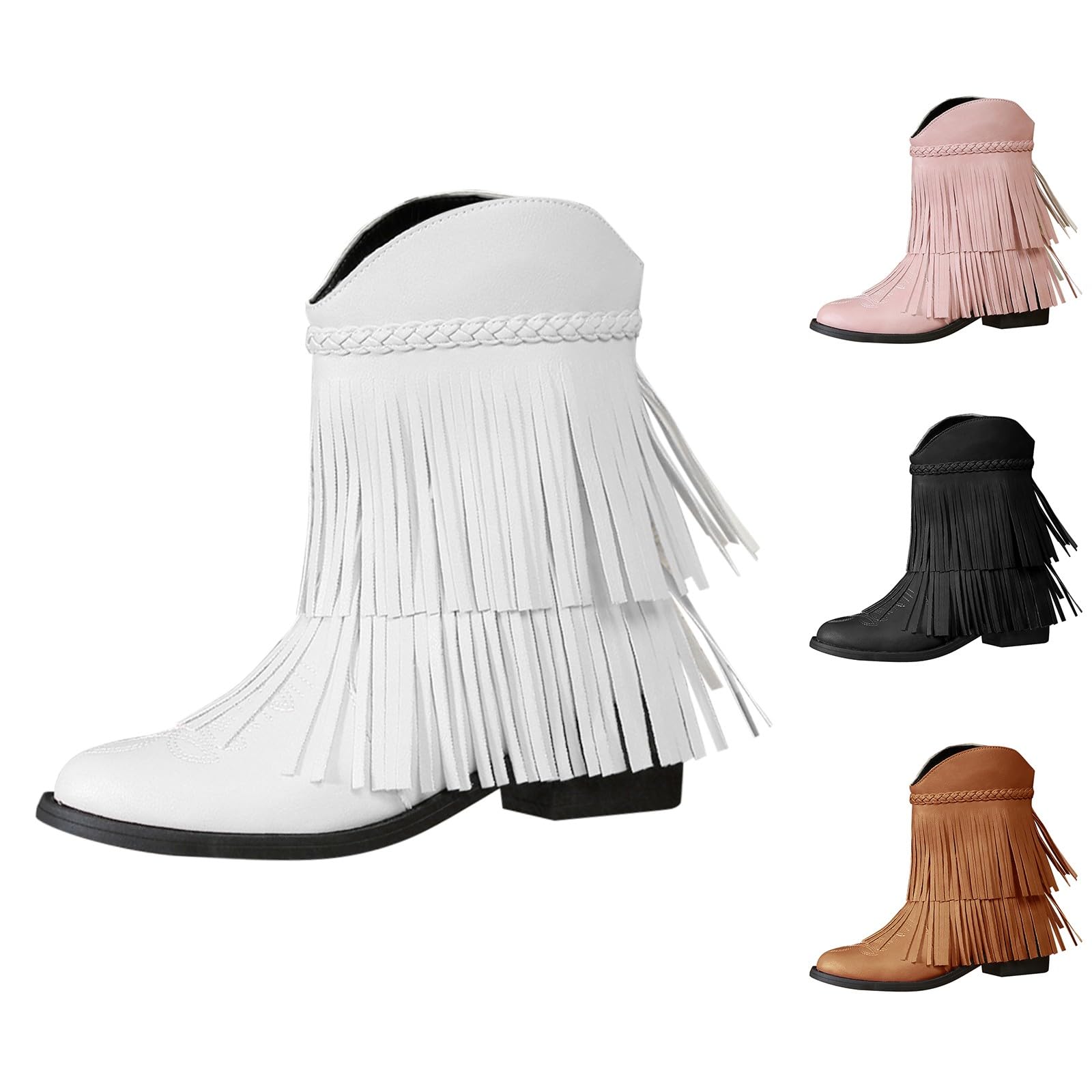 Cowboystiefel aus Leder für Damen mit Quasten, Cowboystiefel mit Fransen, Westernreitstiefel, breite Wadenschuhe, Cowgirl-Schuh, breite Breite, Vintage-Schuhe, bestickt, kurze Stiefel