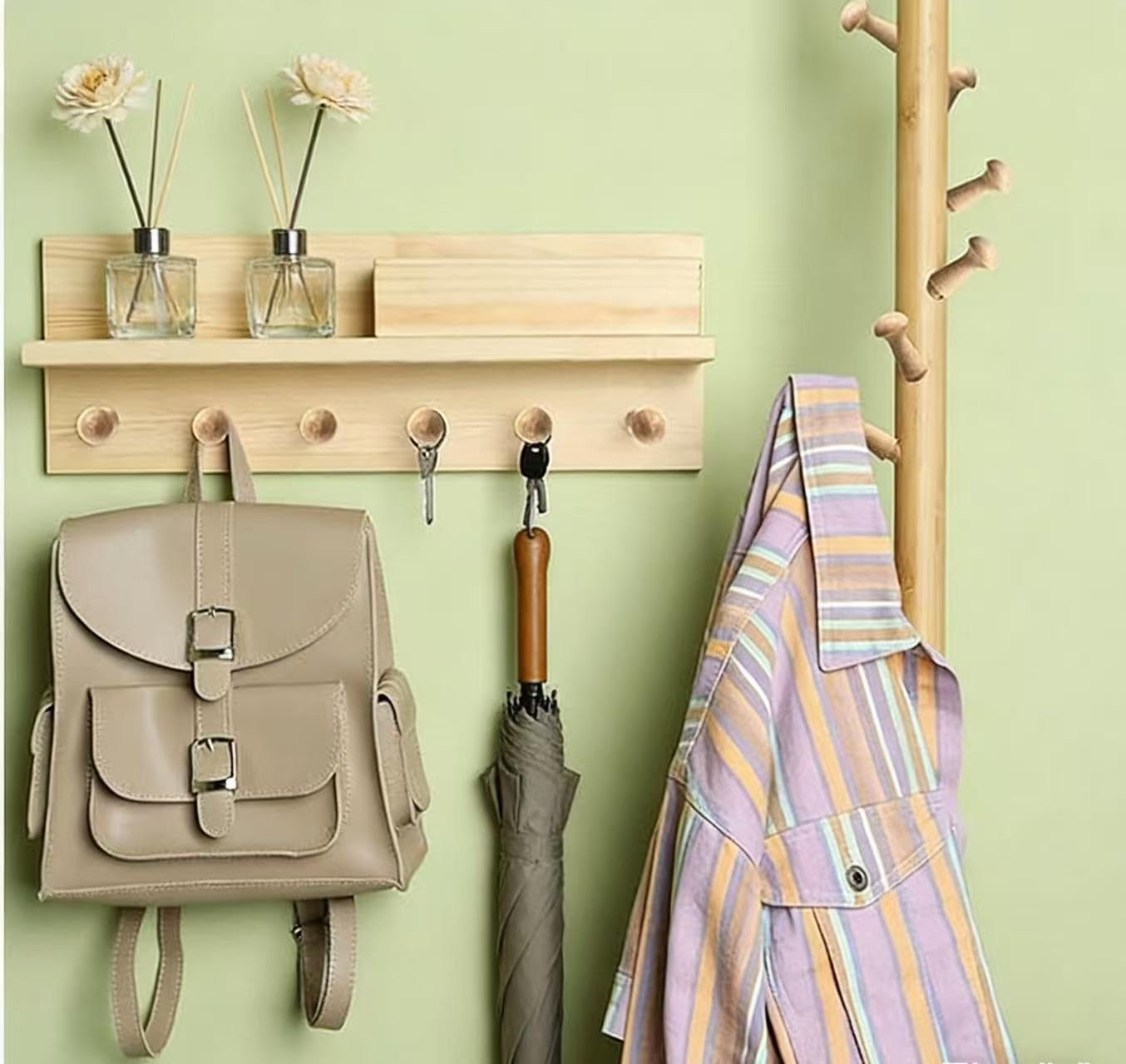 6Pcs Wood Wall Hooks Coat Hooks Mounted Coat Hat Rack Hangers Decorative Heavy Duty Wooden Peg Knob Easy Install for Hanging Bathroom Towels Clothes Purse Bag Beech Wood