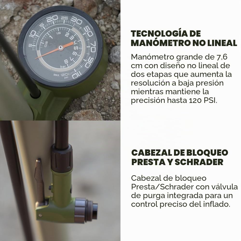 SILCA Bomba de Suelo para Bicicleta Terra | Manómetro de Alta y Baja presión de 2 etapas | Portabrocas de Bloqueo Reversible Presta y Schrader | Barril y Base de Aluminio | Verde Oliva