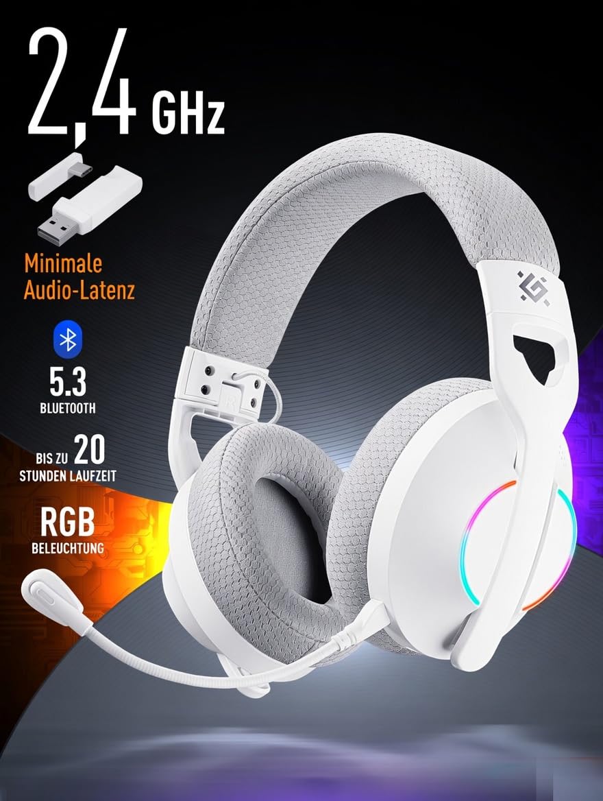 Defender® Weaver PRO Wireless Gaming Headset 40h Akkulaufzeit, 2.4GHz+BT(≤30ms), 7.1 SurroundSound,Kopfhörer Mit Mikrofon mit Noise-Cancelling, Kompatibel für PS5/PS4/Switch, PC Headset, Weiß