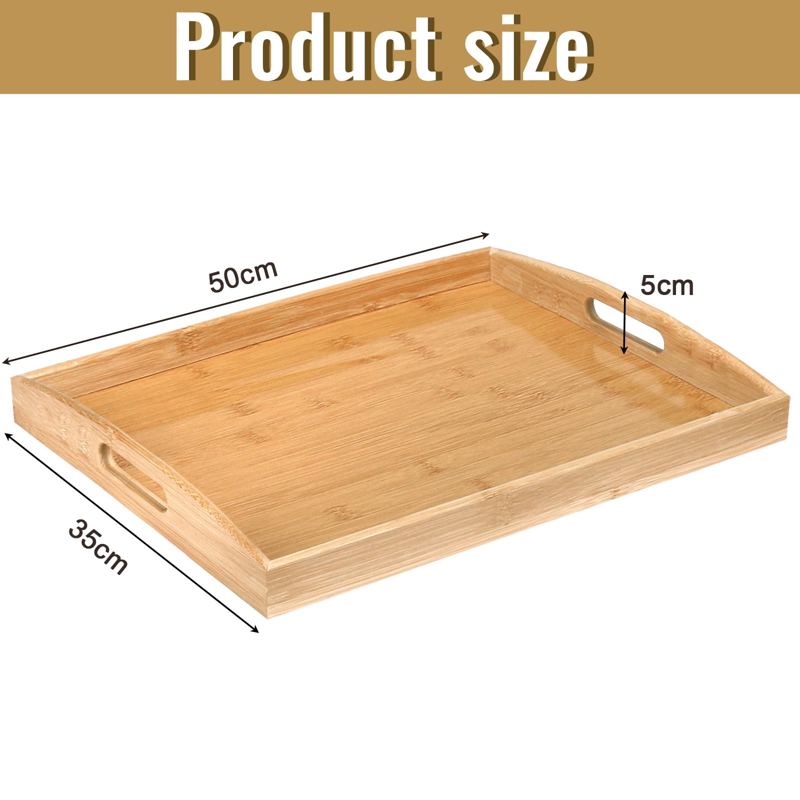 Bandeja de Servir de Bambú Con Asas - Madera, Cocina, Desayuno, Té, Mesa de Café, Decorativa (50 x 35 x 4 cm)