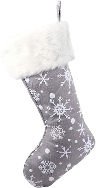 Toddmomy Christmas Stockings 19 Inches Large Furry Snowflake Xmas Gift Sock for Christmas Holiday Party Decorations (Grey)