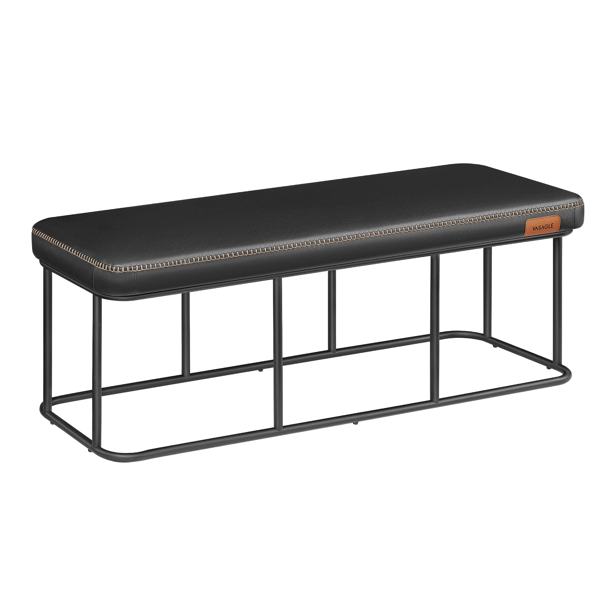 VASAGLE EKHO Collection - Banc pour Entrée, Chambre, PU avec Coutures, Bout de Lit, Cadre en Acier, pour Salon, Salle à Manger, Moderne Mi-siècle, Capacité de 300 kg, Noir d'encre LOM073B01