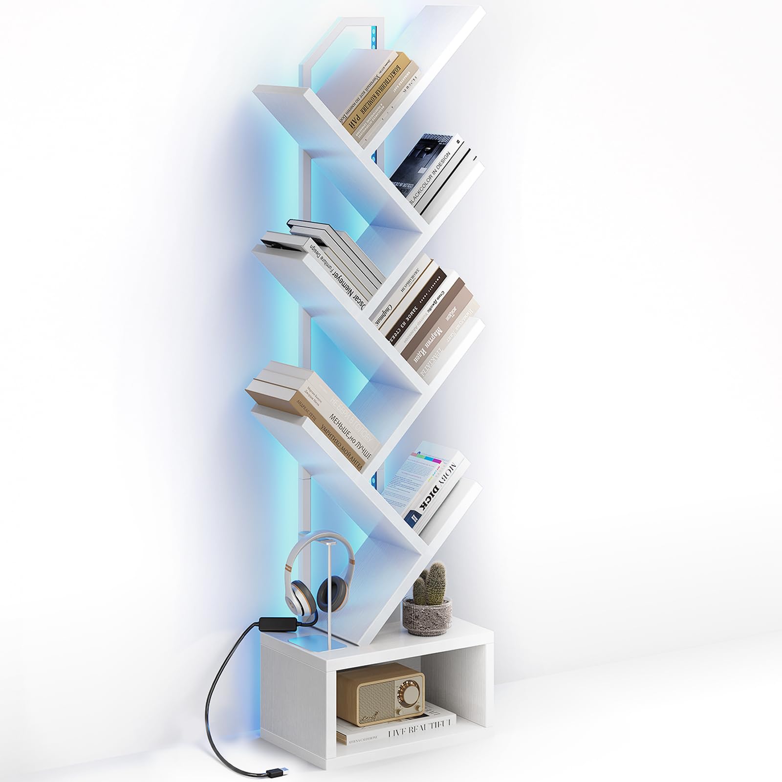 Casaottima Tree Bookshelf with LED Lights, 6-Tier Narrow Bookcase for Small Spaces, Tall Steel & Wood Storage Shelf with Cabinet, Home Decor &