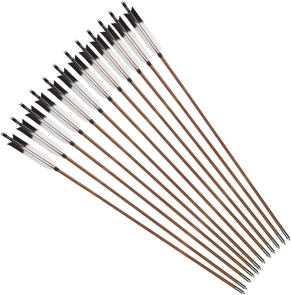 Archery Bamboo Arrows, 12 Pack Practice Targeting Hunting Arrow Handmade Self Nock 6.2" Turkey Feather Fletched for Longbow Traditional & Recurve Bow