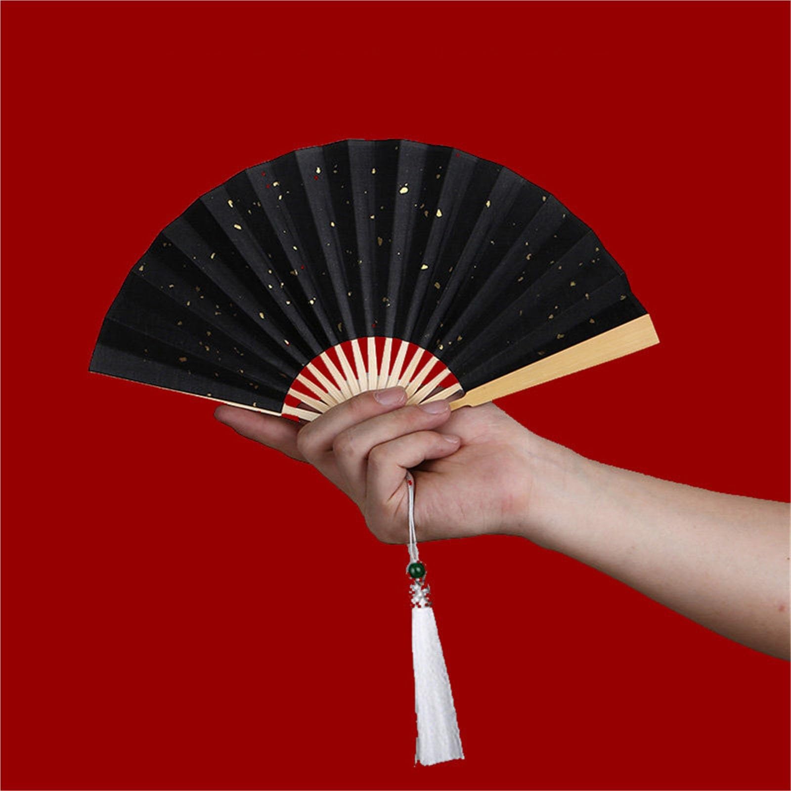 SXTYYH Mini 4-6inch Folding Hand Fan, Xuan Paper Chinese Style Folding Fans for Line Dancing, Pocket Size With Tassel, Handheld Fan for Women Foldable(5-inch black A)