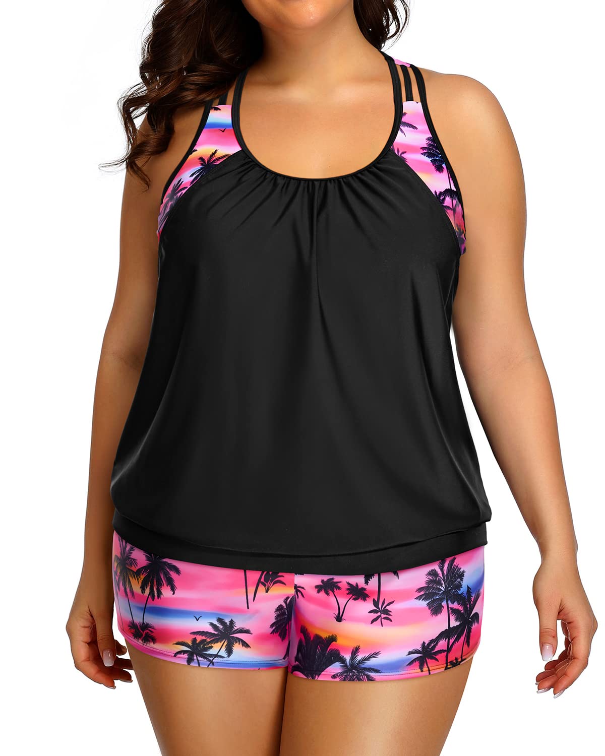 HolipickPlus Size Tankini Swimsuit for Women Two Piece Tummy Control Bathing Suit Blouson Racerback Tankini Top with Shorts
