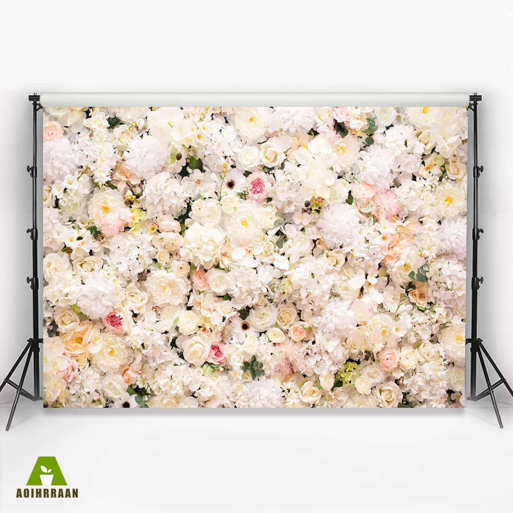 Aoihrraan 3x2m Mariage Fleur Mur Toile de Fond Blanc Floral Romantique Fleurs Valentine Photographie Fond Journée Filles Fête des mères Nuptiale Femmes Anniversaire Portrait Douche Photo Prop