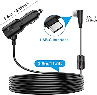 Dash Camera Car Charger, USB-C Interfaces, L-Type Driving Recorders Power Cord Universal Car Adapter Power Cord 22AWG 3.5m/11.5ft 12V/24V to DC5V 2.5A