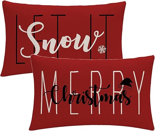 7COLORROOM Juego de 2 fundas de almohada rojas de Navidad con texto en inglés Merry Christmas Merry Christmas, fundas rectangulares para cojín de