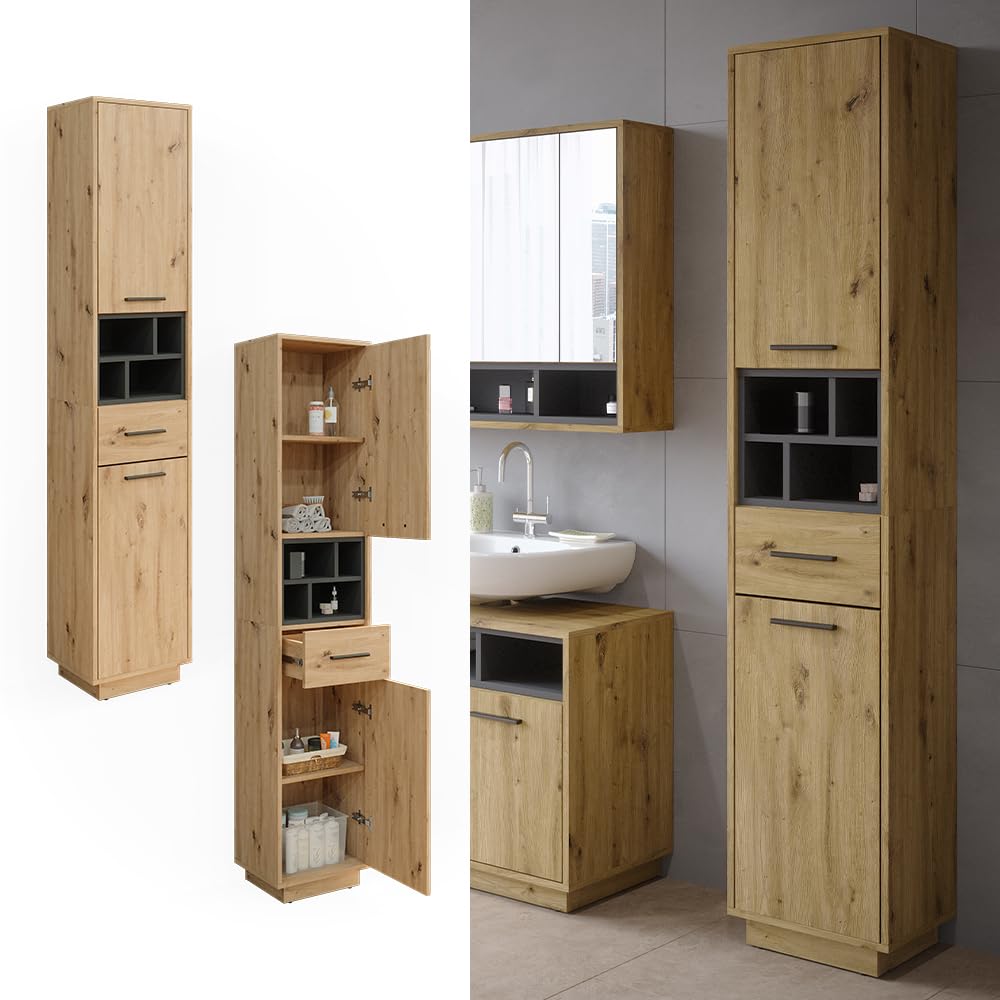 Vicco Armario de baño Beatrice, Roble Artesanal/Antracita, 38 x 190 cm con Puertas, cajón, para el Almacenamiento de artículos de baño y Compatible con Beatrice