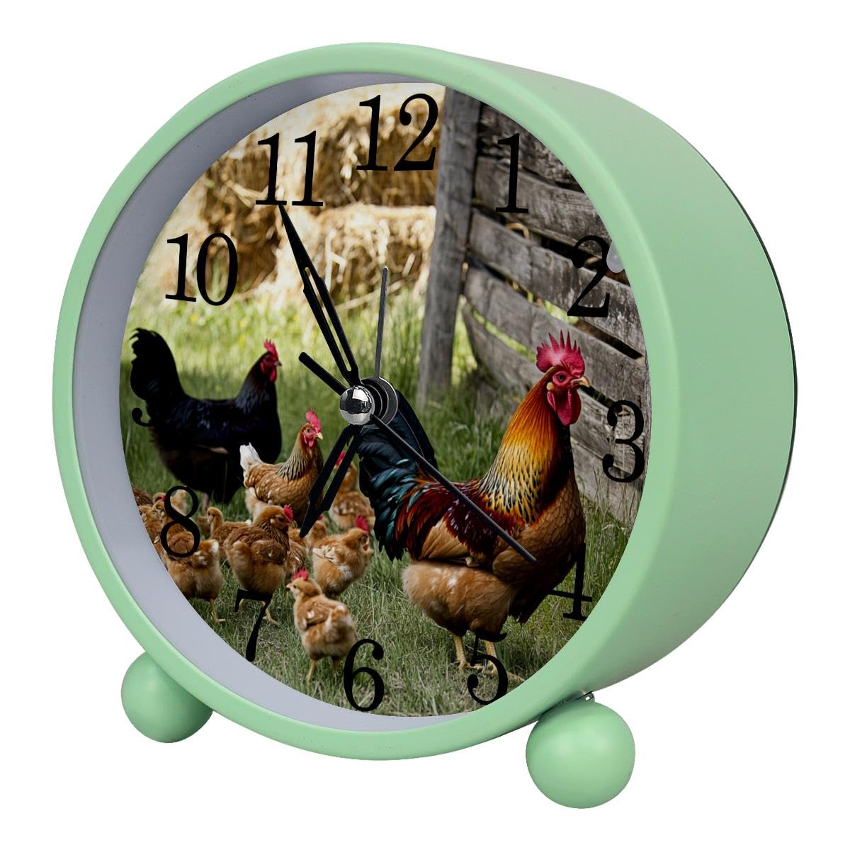 Luoweisi Alarm Clock Farm Rooster Chicken, Silent Non-Ticking with Night Light, Round Metal Alarm Clock for Office, Battery Operated, Bedroom, Elderly, Adults, Children, Student Gifts