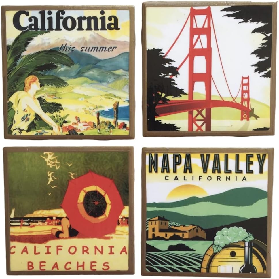 Retro California Travel Poster Coasters with Gold Trim