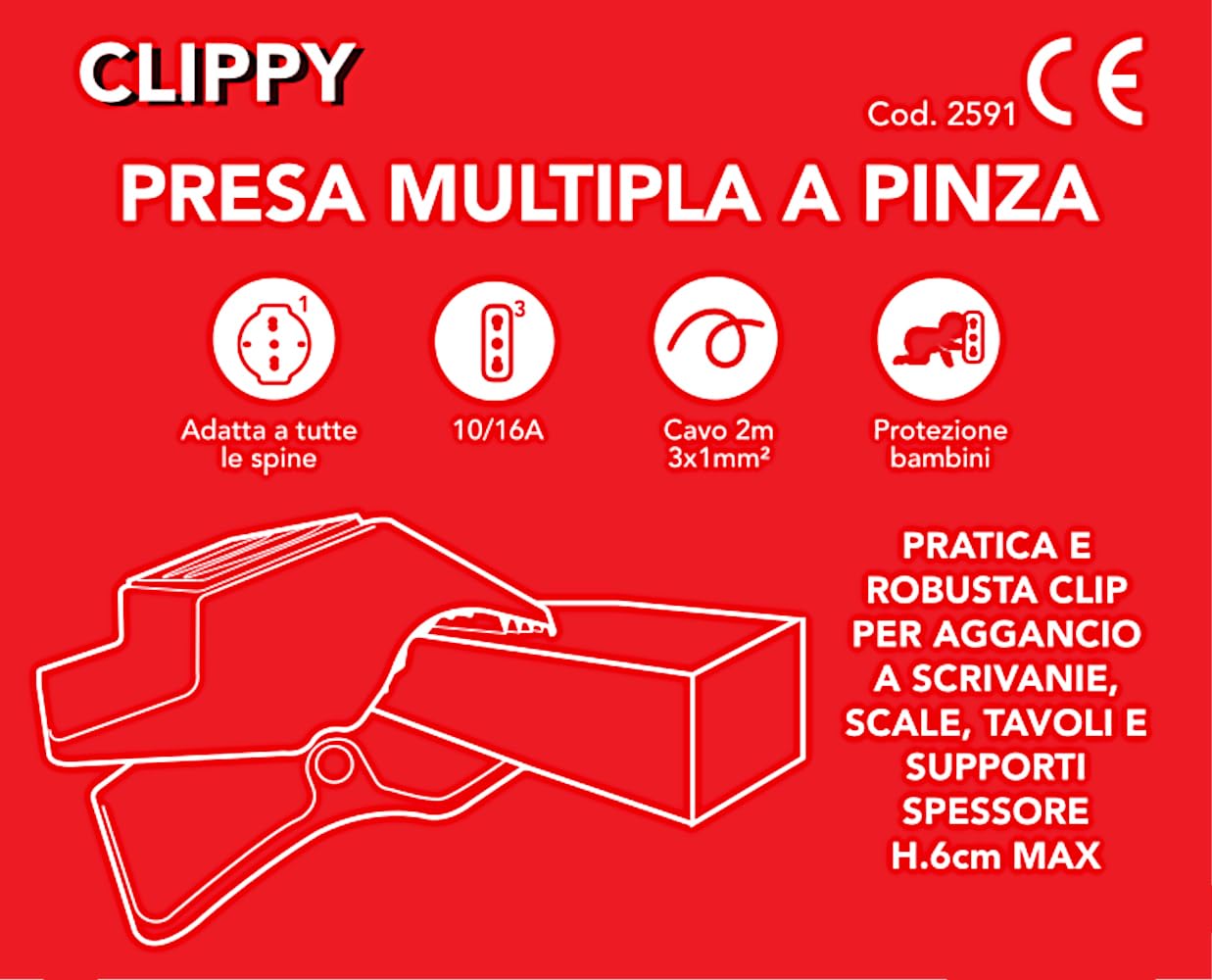 POLY POOL - PP2591 Ciabatta Multipresa da Scrivania 4 Prese Pluristandard CLIPPY - Multipresa Elettrica con Pinza a Molla per Aggancio - Ciabatta Elettrica Cavo 2m
