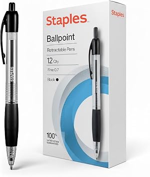 STAPLES Retractable Ballpoint Pens, Fine Point, Black Ink, 12 Pack Smooth, Reliable Writing Pens for Office & School Use