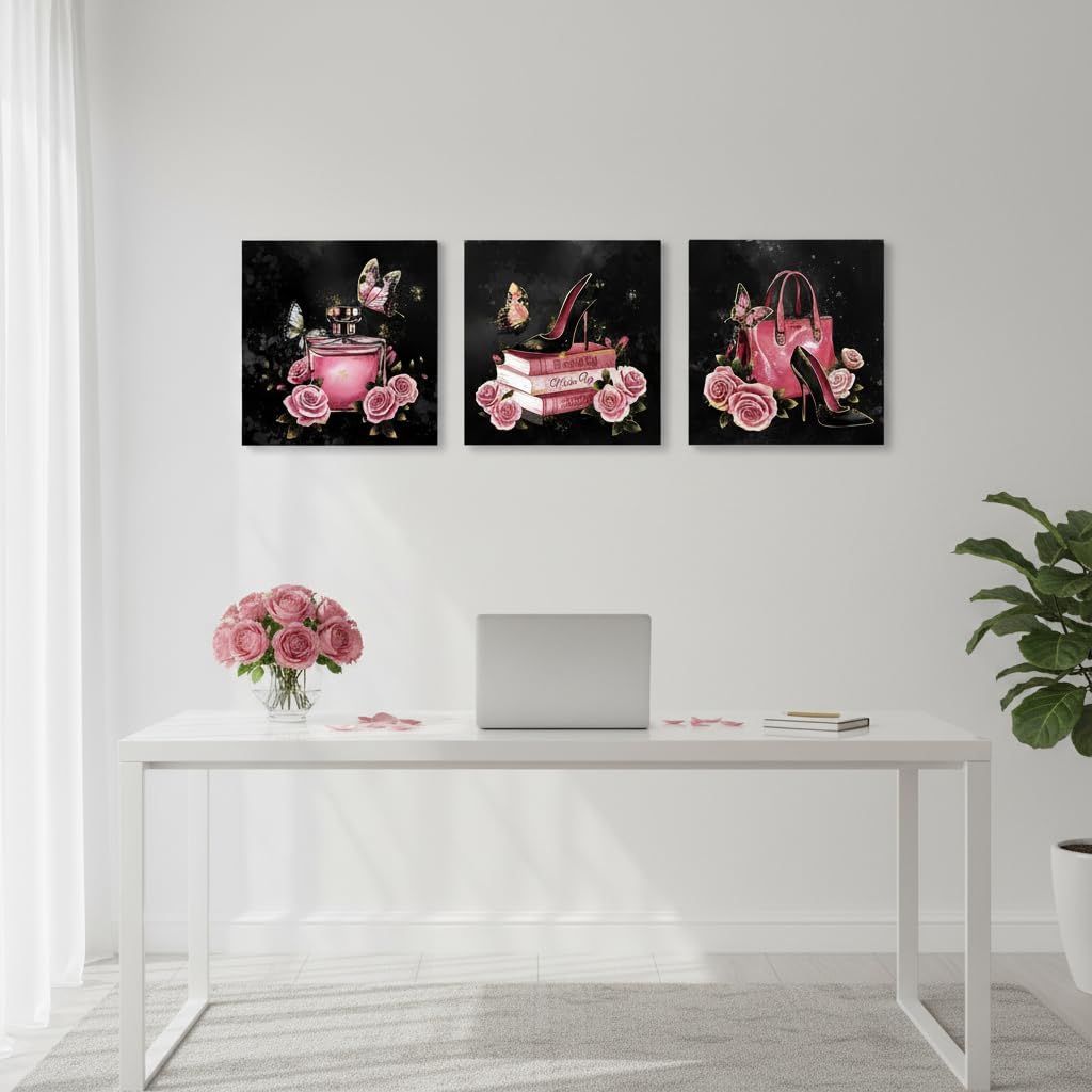 OuElegent Pink and Black Canvas Wall Art Fashion Wall Decor Handbag Perfume Pictures Fashion Paintings for Women, Set of 3, 12 x 12 in (Pink)
