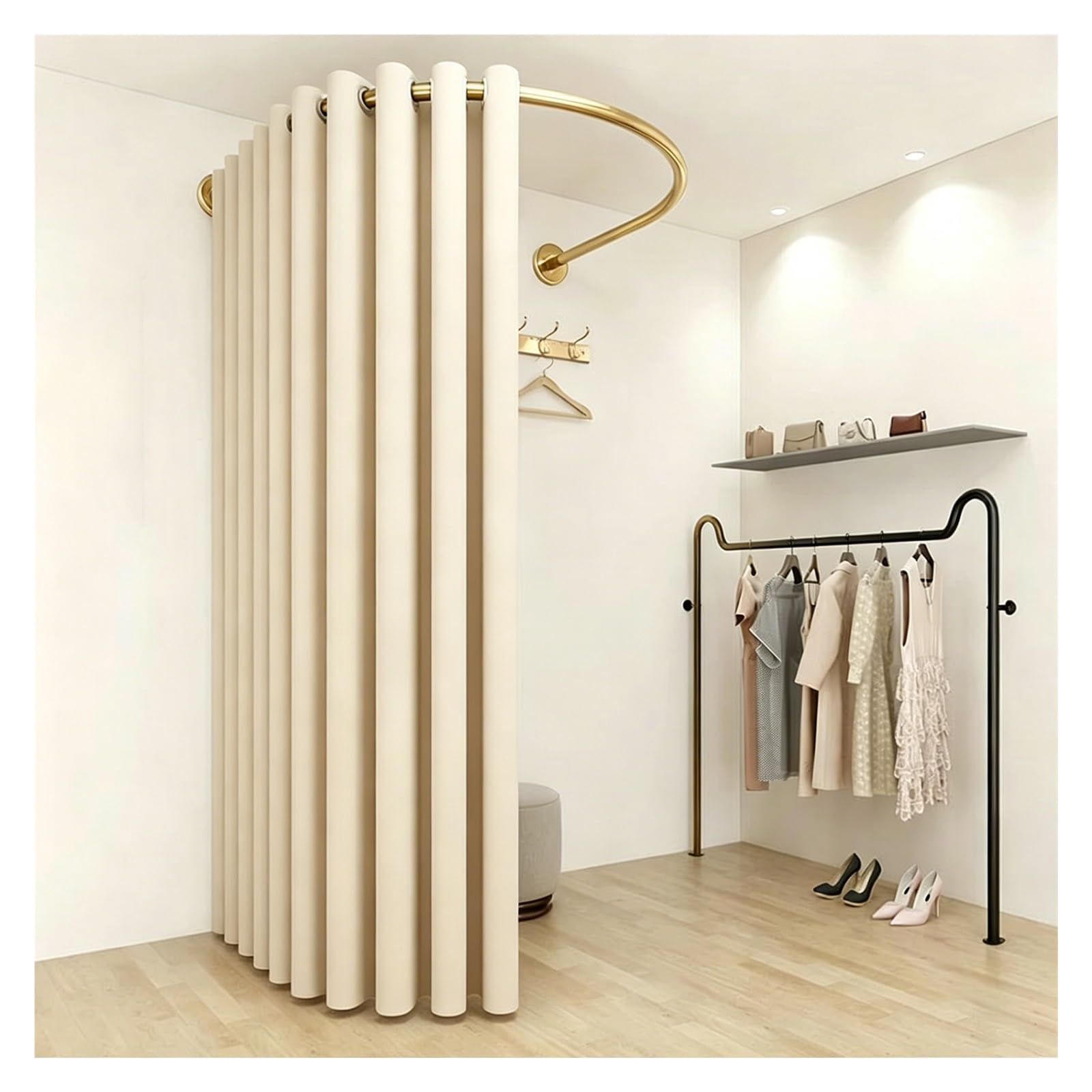 ZJKXJH Boutique Fitting Room Partition Curtain Rod, Wall Mount U Shaped Heavy Duty Curved Rail for Clothing Store, Privacy Partition Curtain Rod(With A Curtains,Gold Rod 140cm/55.1in)