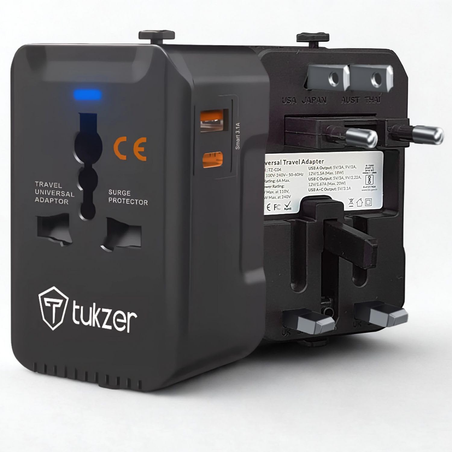 Tukzer Universal Travel Adapter with 20W Type C PD & 18W USB-A Output Port, Universal Plug Socket, All in One International Travel Fast Charging Adapter for Laptop/MacBook & Mobile Charging- Black-image-22
