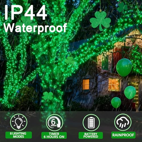 2 Pack 100 LED St Patricks Day Lights, 17.4Ft Battery Operated Mini String Lights with 8 Modes & Timer Waterproof Green Lights for Outdoor Indoor Party Home Garden Irish St Patricks Day Decorations by ZICZLI - Image 3