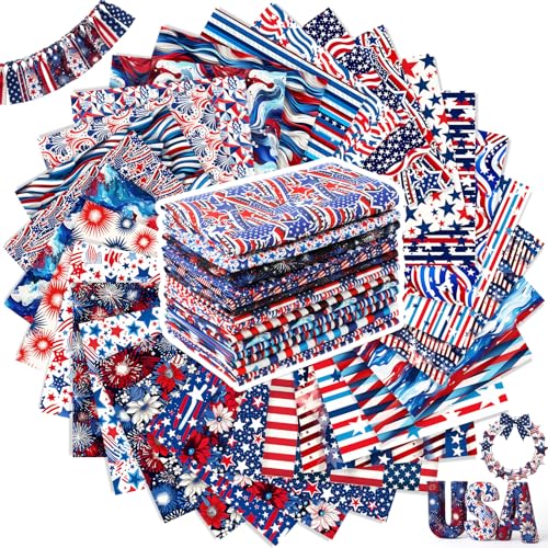 Tatuo 30 Pcs Patriotic Cotton Fabric Squares Bundle 10x10 Inch Red Blue White Precut Quilting Fabric 4th of July 30 Designs Star Stripe Fabrics for 250 Anniversary Sewing Patchwork DIY Crafts
