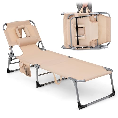Tanning Chair, Folding Adjustable Patio Lounge Chair with Face Hole,