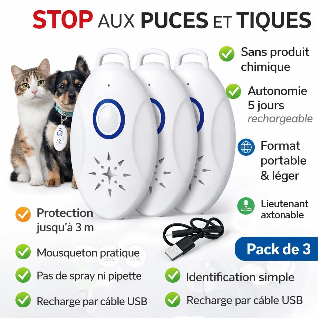 Repellente antipulci e zecche ad ultrasuoni ricaricabile USB, portata 3 m, frequenza 9-21 kHz, autonomia 5 giorni, senza sostanze chimiche, protezione zanzare, insetti, cani gatti, esterno USB