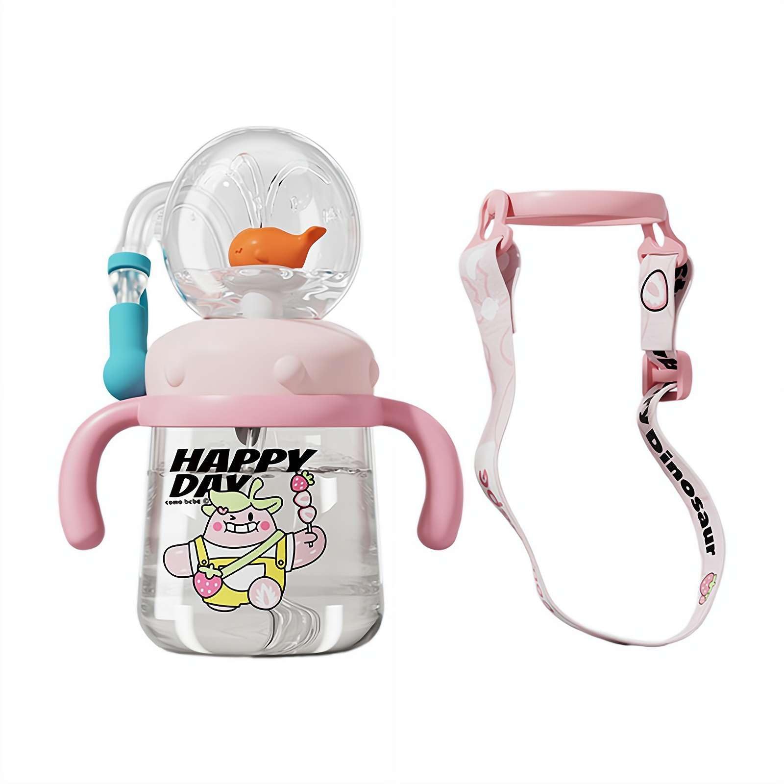 EIRZNGXQ 10oz Drinking Cup with Whale Squirt, Cute Water Bottles with Lids and Straws Leak Proof Handles ＆ Adjustable Strap, Tritan Straw Fun Drinking Cups for Home, School, or Travel (Pink 1set)