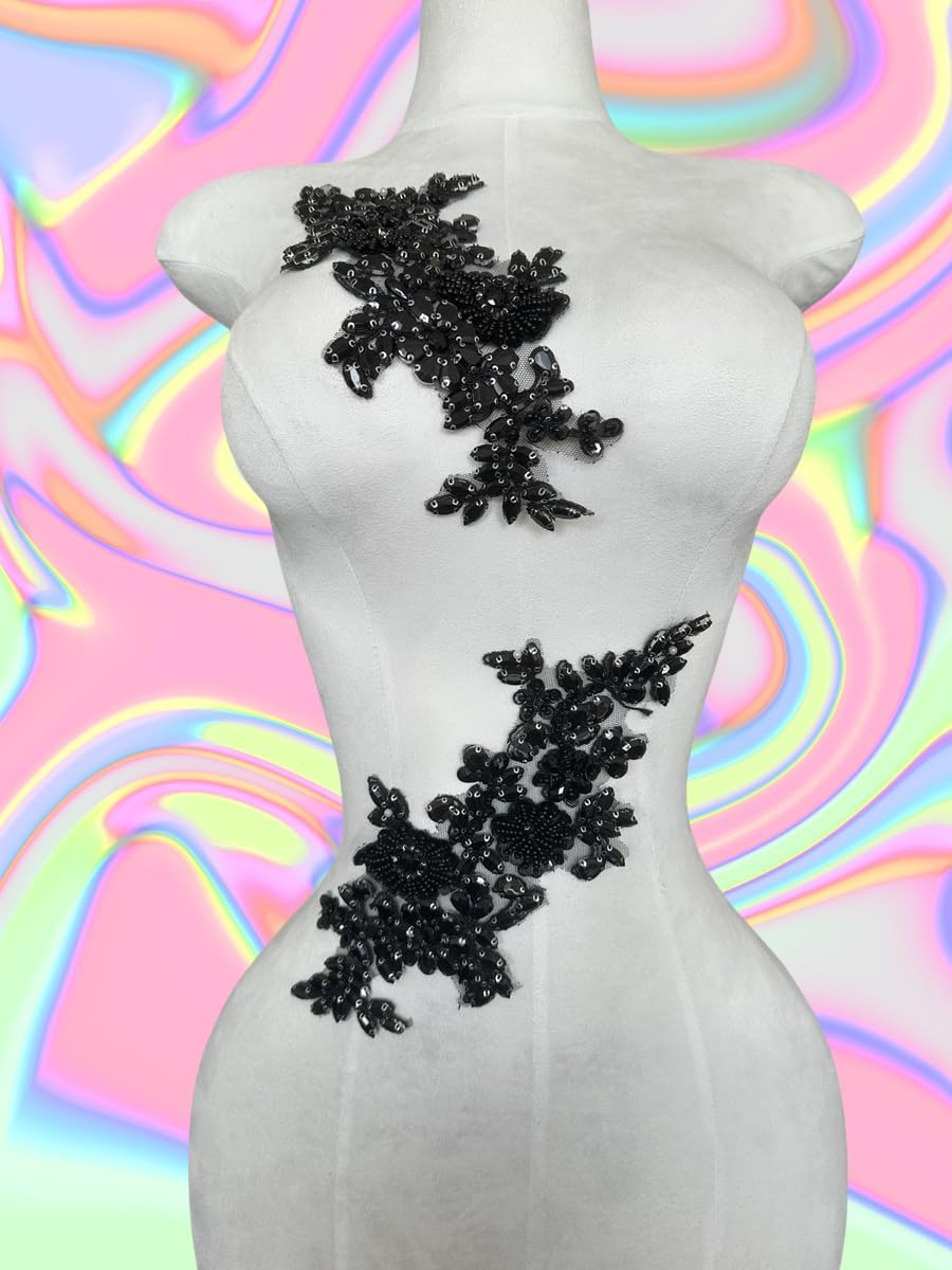 1 Pair/Set Rhinestones Lace Applique Accessories Handsewing Beads Sequins Stones Trim Patches for DIY Girl Wedding Dress Decorations (Black)