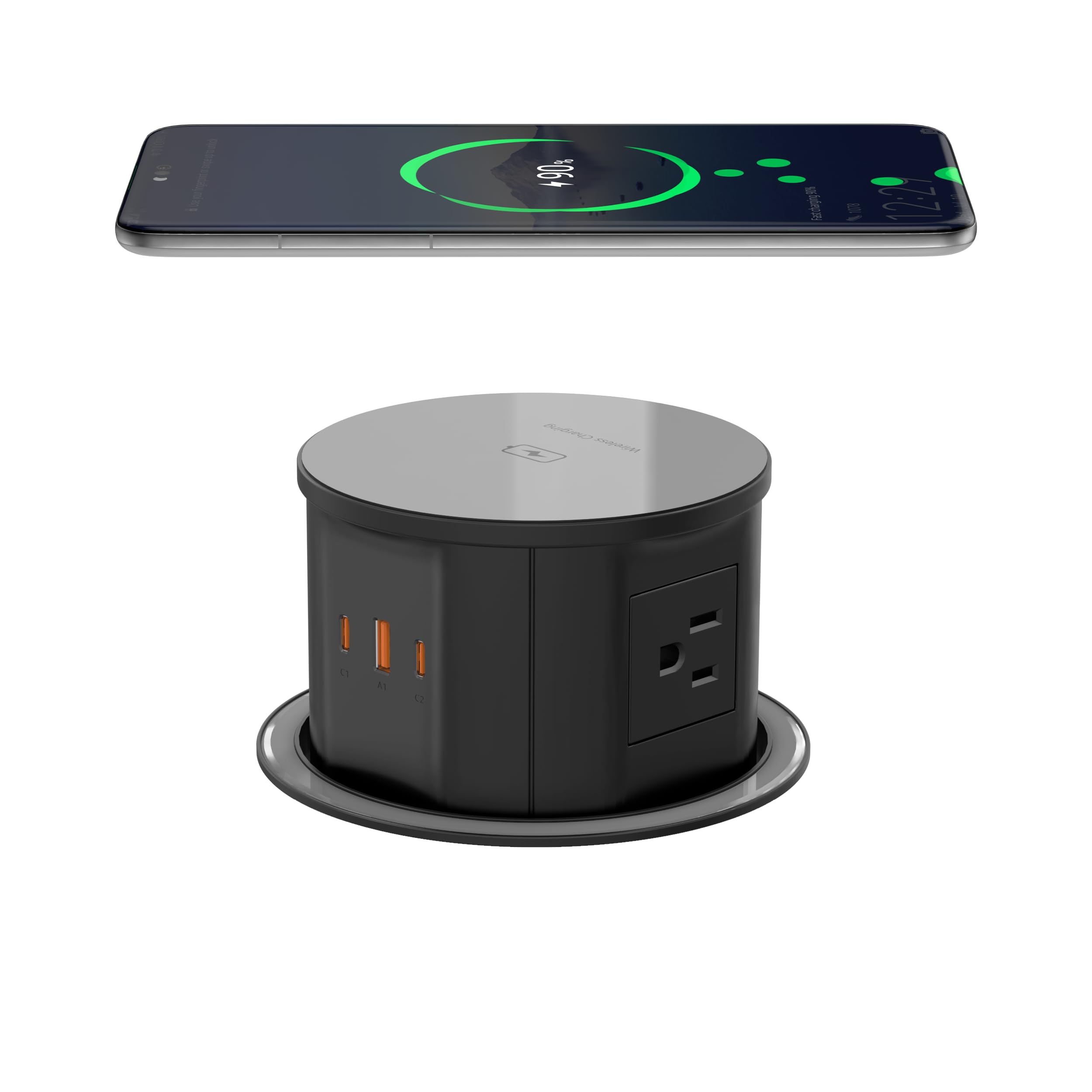 Pop Up Countertop Outlet with 15W Wireless Charger, PD 20W USB-C Ports & 4 AC Outlets, 800J Surge Protection, 4.75 inch Pop Up Receptacle, 6Ft Cord